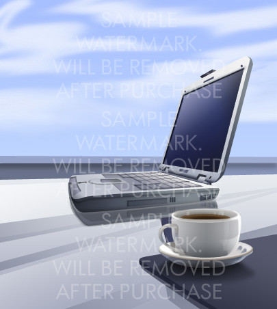 Vector illustration of a silver laptop and a white cup of coffee.100.132