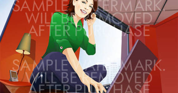 Box vector illustration of a smiling business woman in green blouse sitting on the table typing on a laptop and talking on a cell phone.100.131