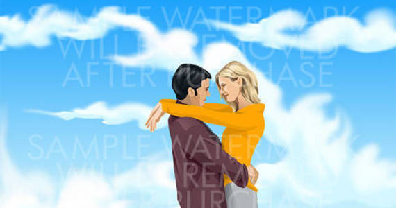 Box vector illustration of a hugging couple on the sky background.0.71