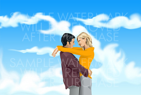 Vector illustration of a hugging couple on the sky background.0.71