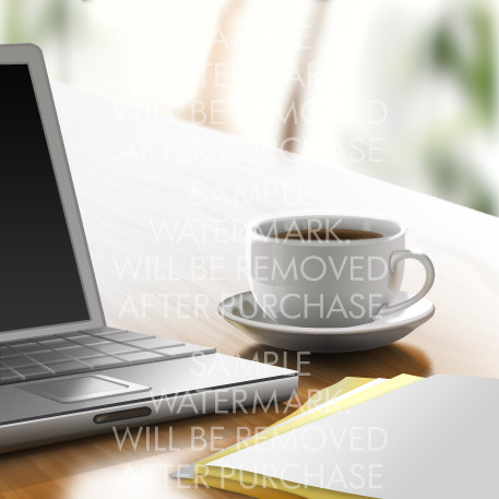 Vector illustration showing a silver laptop a white cup of coffee and papers.0.72