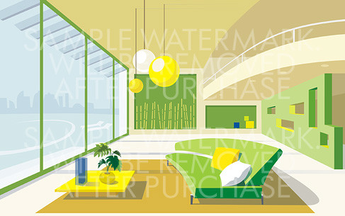 Vector illustration picturing the interior of a modern sitting room done in yellow and green colors.0.59