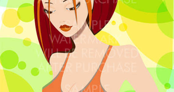Box vector illustration of a redhead girl in orange tank top on the bright yellow and green background.100.103