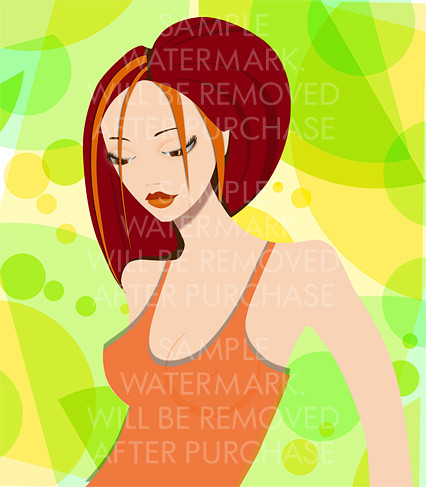 Vector illustration of a redhead girl in orange tank top on the bright yellow and green background.100.103