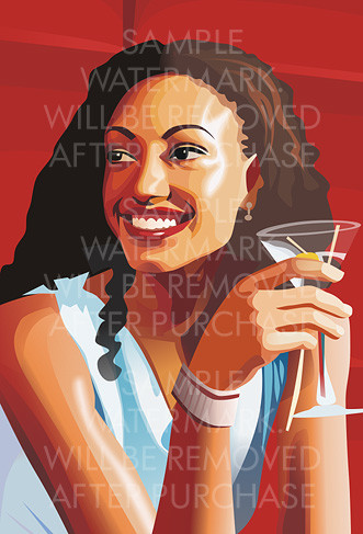 Vector illustration of a smiling girl with dark skin and long curly hair holding a glass of cocktail.0.47