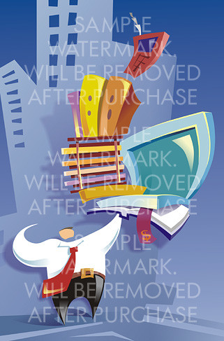 Abstract vector illustration portraying an office worker holding a laptop and a bookshelf with folders and cell phone on top in one hand on a corporate building background.0.26