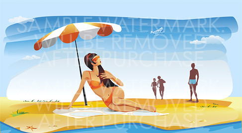 Vector illustration of a long haired brunette in orange bikini sitting under the parasol on the beach.100.143