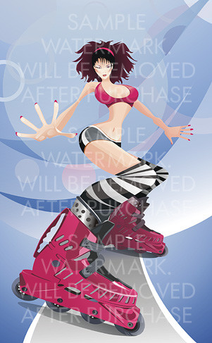 Vector illustration of a girl in striped stockings and pink rollerblades.100.146