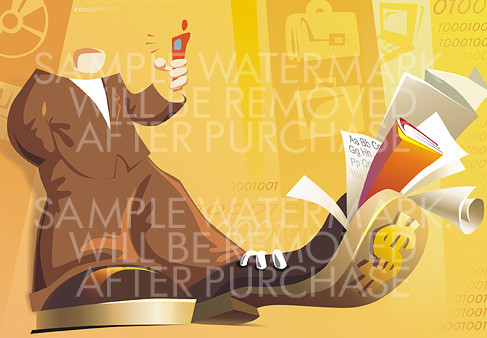Cartoon vector illustration portraying a businessman without face holding a mobile phone with dollar sign on his sole and papers sticking out of his boot.0.17