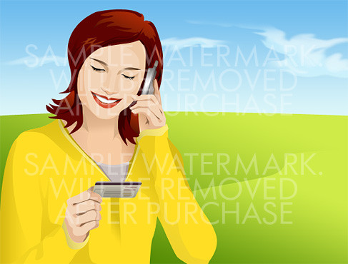 Vector illustration of a smiling woman talking on a cell phone holding a plastic card in her hand.0.78