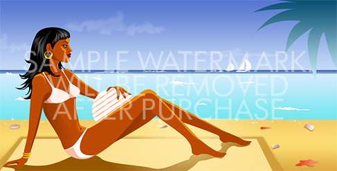 Vector illustration of a tanned brunette in white bikini on the beach.0.75