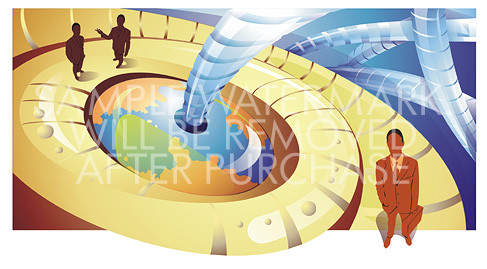 Abstract vector business illustration showing businessmen cables and part of the globe in the center.100.151
