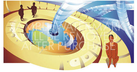 Box abstract vector business illustration showing businessmen cables and part of the globe in the center.100.151
