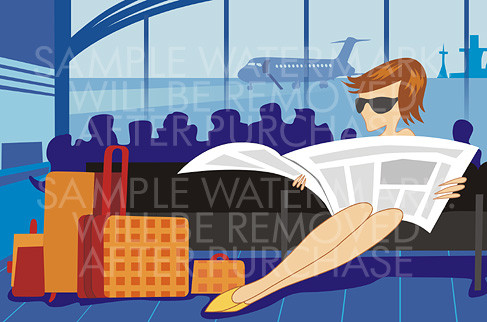 Vector illustration of a girl wearing sunglasses reading a newspaper waiting for her plane at the airport with many suitcases near her.0.49