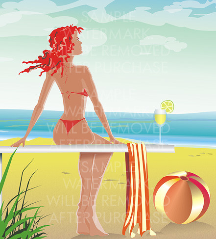 Vector illustration of a redhead girl in red bikini sitting on the beach with a towel a ball and a glass of lemonade looking at the sea.0.10