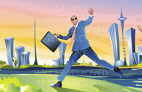 Vector illustration of a running businessman with a briefcase on the modern city background.100.141