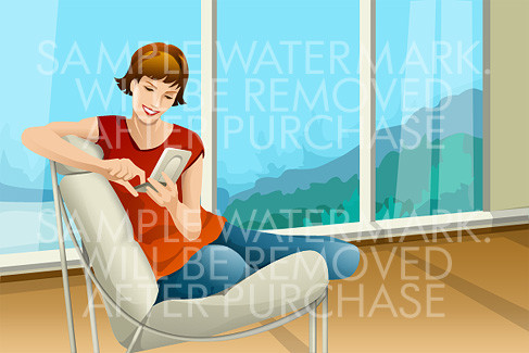 Vector illustration of a smiling girl sitting in an armchair with pda organizer.0.86