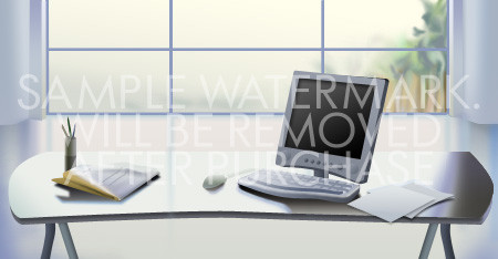 Vector illustration of a table with computer papers and pens on it.0.80