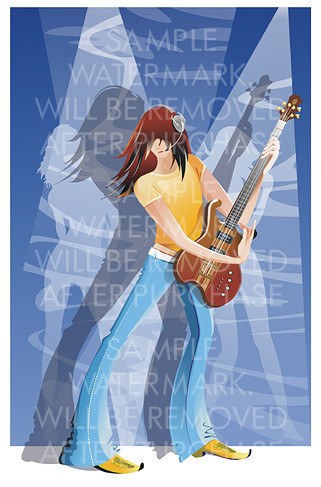 Vector illustration of a guitarist with long hair in earphone wearing blue jeans.100.147