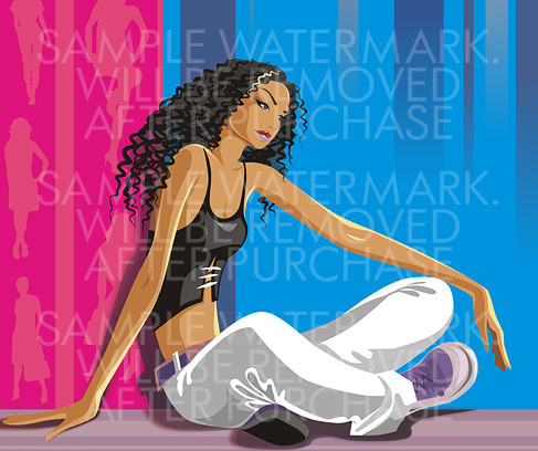 Vector illustration portraying a young tanned girl in casual clothes with long black frizzy hair sitting on the floor.0.40