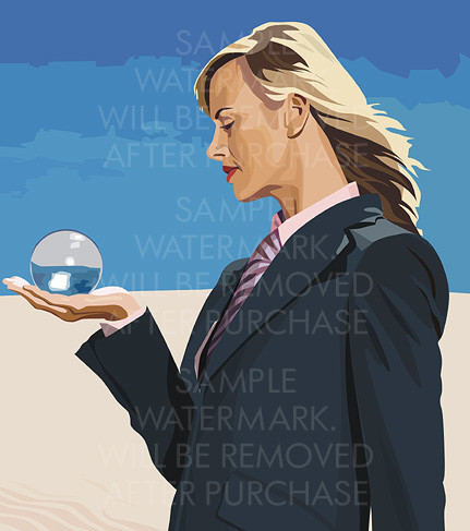 Vector illustration of a business woman in black suit holding a crystal ball on her palm on the sky background.0.42