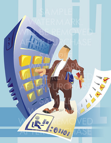 Vector illustration depicting an office worker with a tie in his pocket standing on the sheet of paper holding a pen and making calculations on the huge calculator.0.30