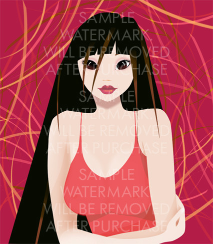 Vector illustration of a beautiful oriental long haired girl on the abstract pink background.100.104