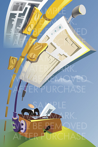 Abstract vector illustrating of an office worker sitting at the table door and paper on hinges representing the office life.0.37
