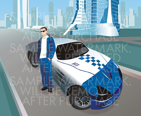 Vector illustration of a young man standing near the luxury white and blue sport car.0.58