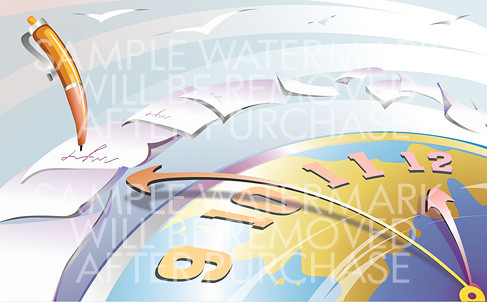 Vector illustration representing a huge clock with a map on its face and a pen signing the flying papers.0.92