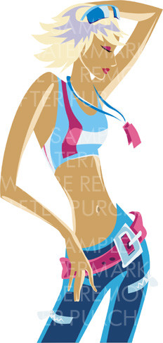 Vector illustration of a young slender posing suntanned blonde wearing blue jeans with pink belt and a top.0.20