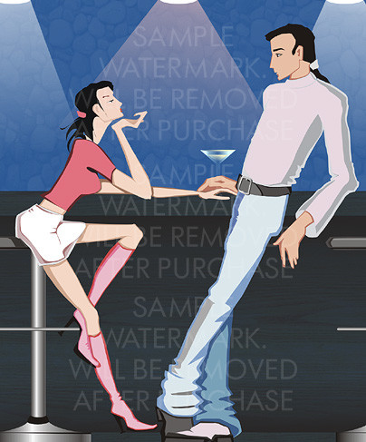 Vector illustration featuring a young couple looking at each other at a bar counter with a glass between them.0.9