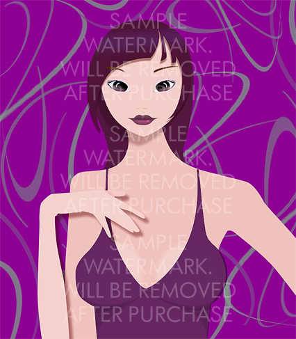Vector illustration of an oriental girl in a tank top on the lilac background.100.101