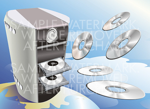Vector illustration showing computer case with compact disks standing on the globe.0.98