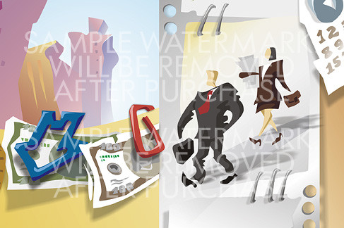 Abstract vector illustration rendering walking businessman and businesswoman holding briefcases with a sheet of paper calendar money and buildings on the background.0.13