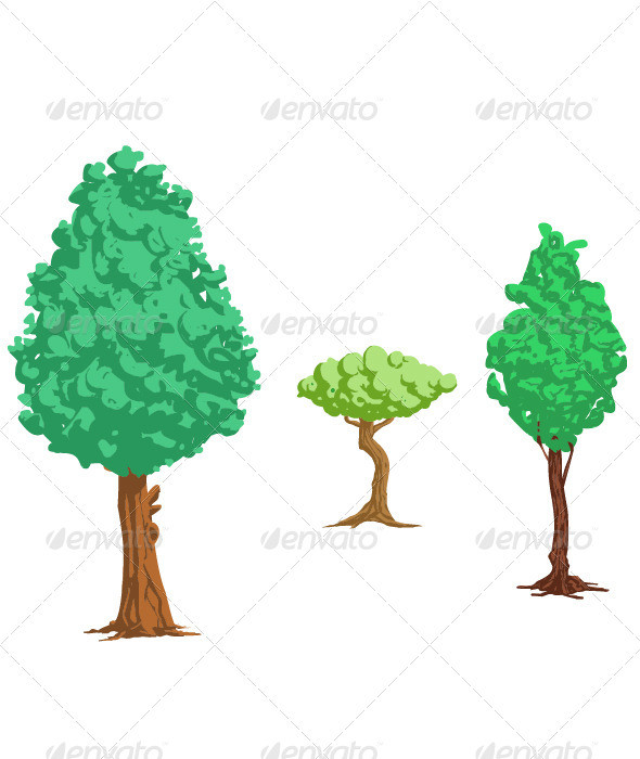 Trees nature game cartoon oak big leaves green isolated layered vector spring 01