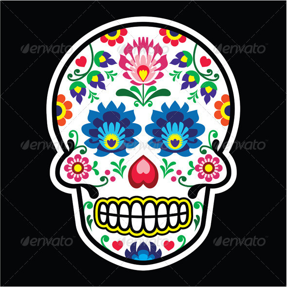 Mexican skull polish folk icon on black prev