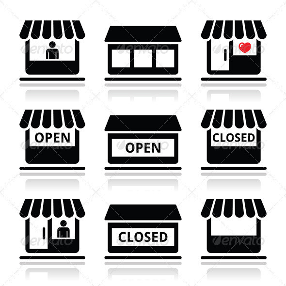 Store shop icons set open closed prev