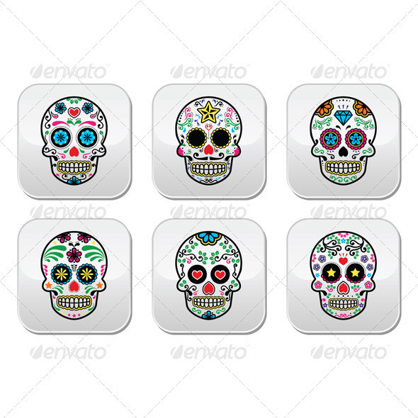 Mexican sugar skull buttons set color prev