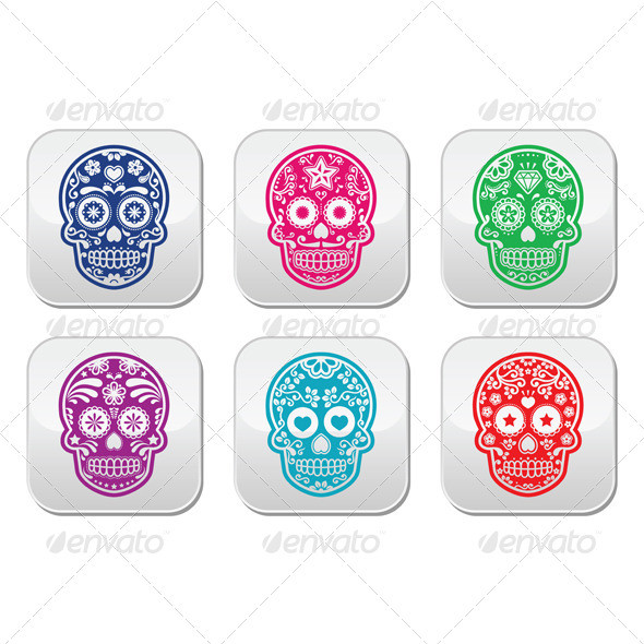 Mexican sugar skull buttons set colour prev