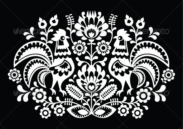 Monochrome polish folk pattern chickens 1 on black prev