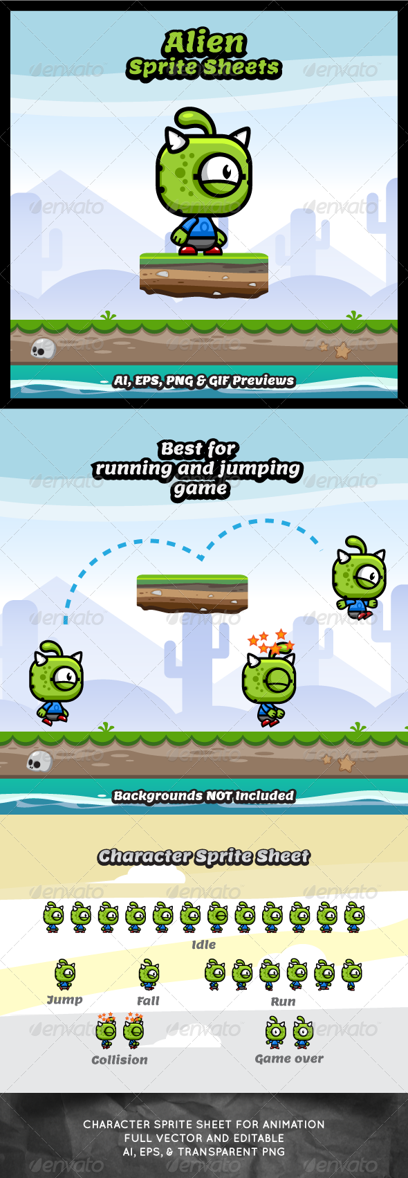 Running and jumping alien game character sprite sheet sidescroller game asset animation gui mobile games gameart game art 590