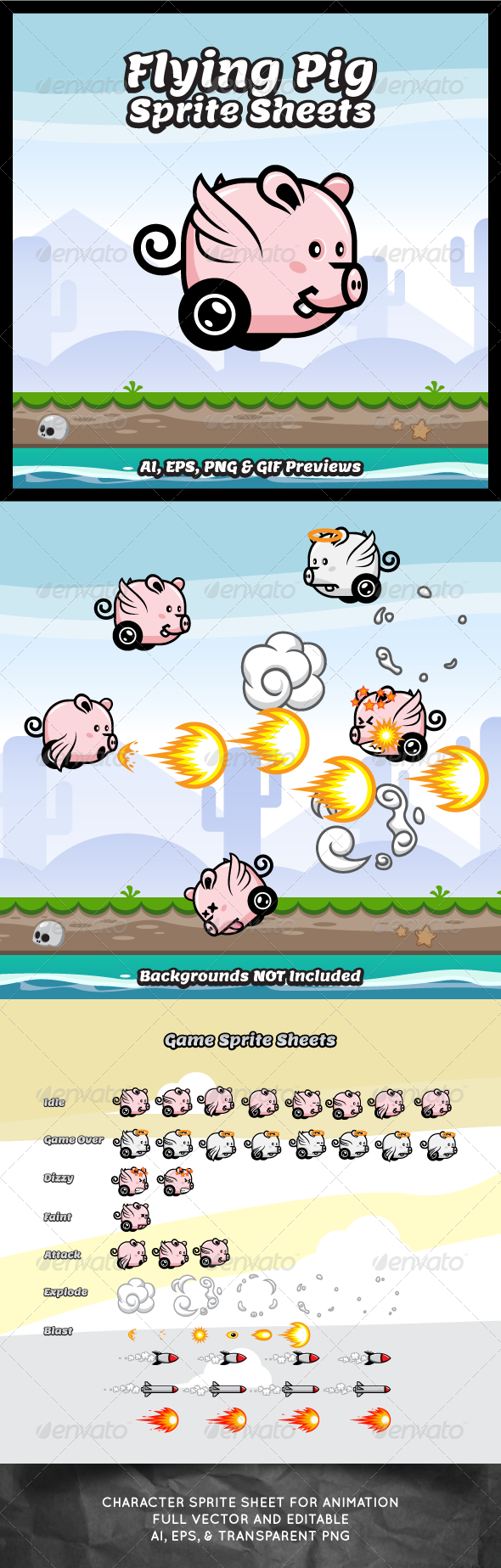 Flying pig car game character sprite sheet sidescroller game asset flying flappy animation gui mobile games gameart game art 590