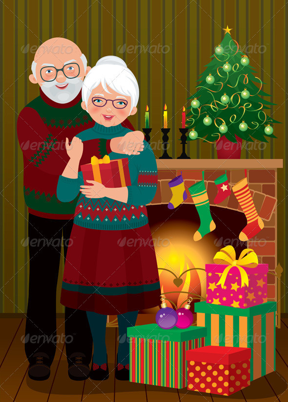 An elderly couple in the fireplace christmas