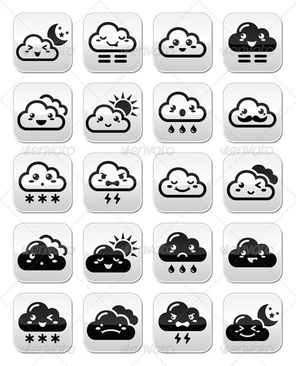 Clouds kawaii buttons set black prev