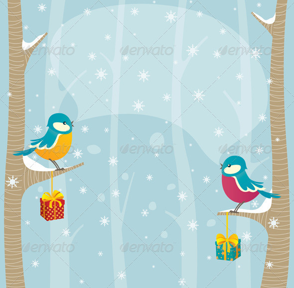 Birds in winter forest