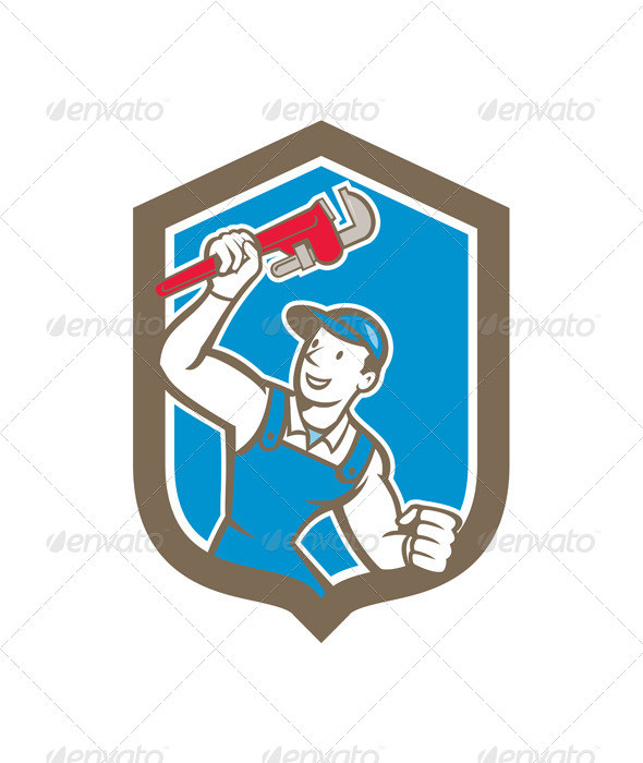 Plumber holding monkey wrench up shield prvw