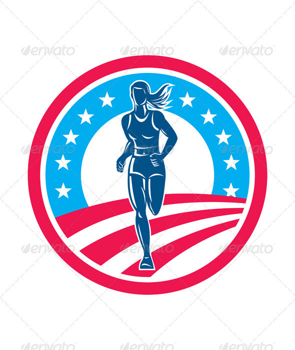 Marathon runner frnt woman usa flag circ prvw