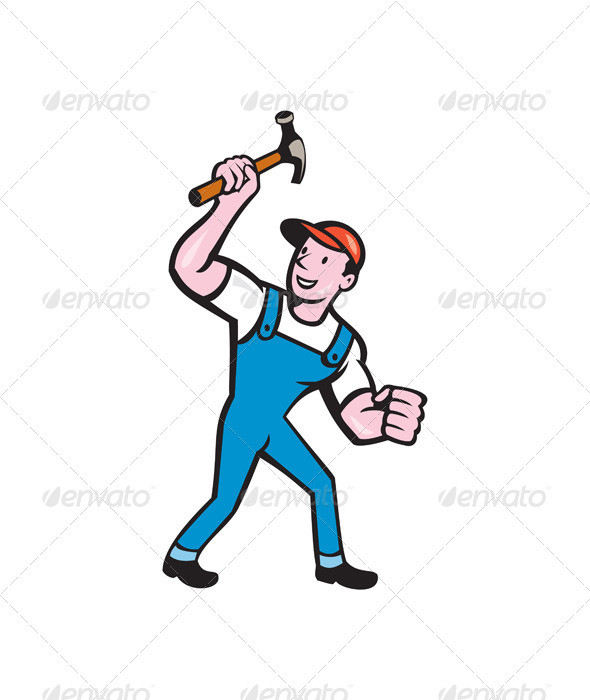 Builder carpenter holding hammer up iso prvw