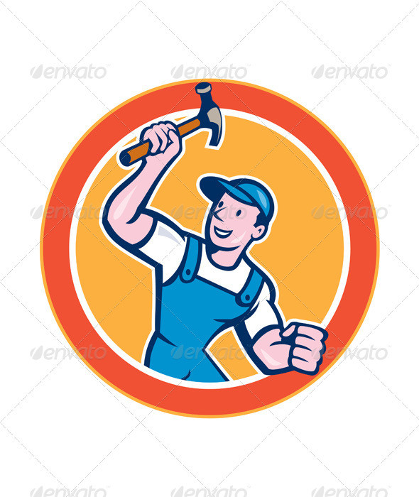 Builder carpenter holding hammer up circ prvw